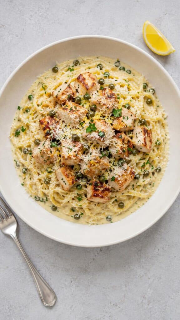 creamy lemon caper chicken linguine - featured image