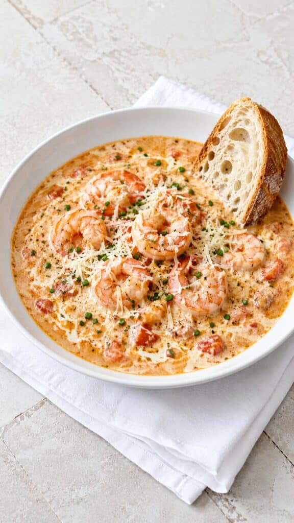 creamy slow cooker shrimp parmesan bisque - featured image