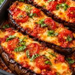 cheesy baked eggplant with tomatoes mozzarella - featured image