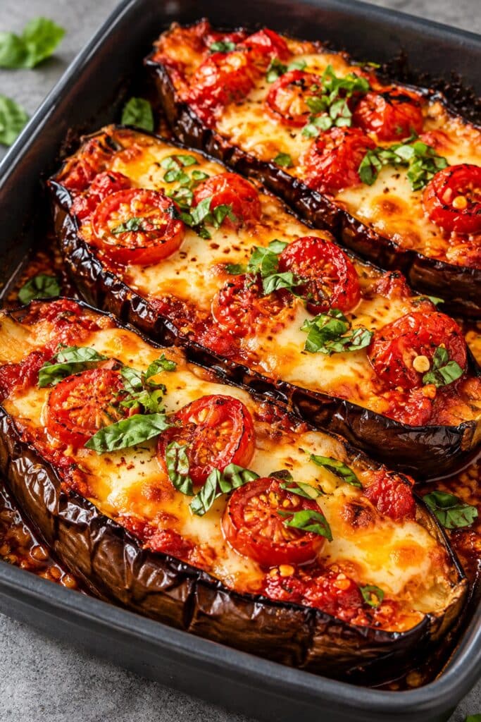 cheesy baked eggplant with tomatoes mozzarella - featured image