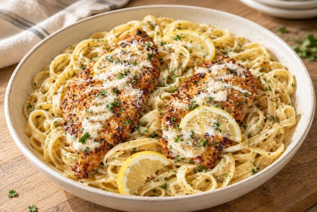 creamy lemon garlic chicken fettuccine - featured image