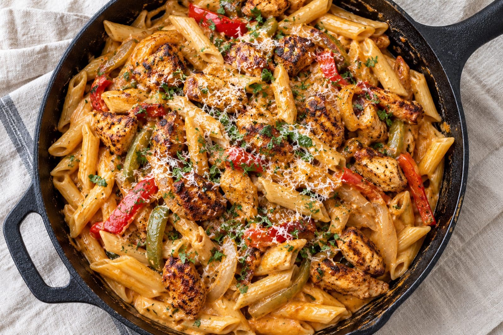 creamy one-pan chicken fajita pasta preparation steps