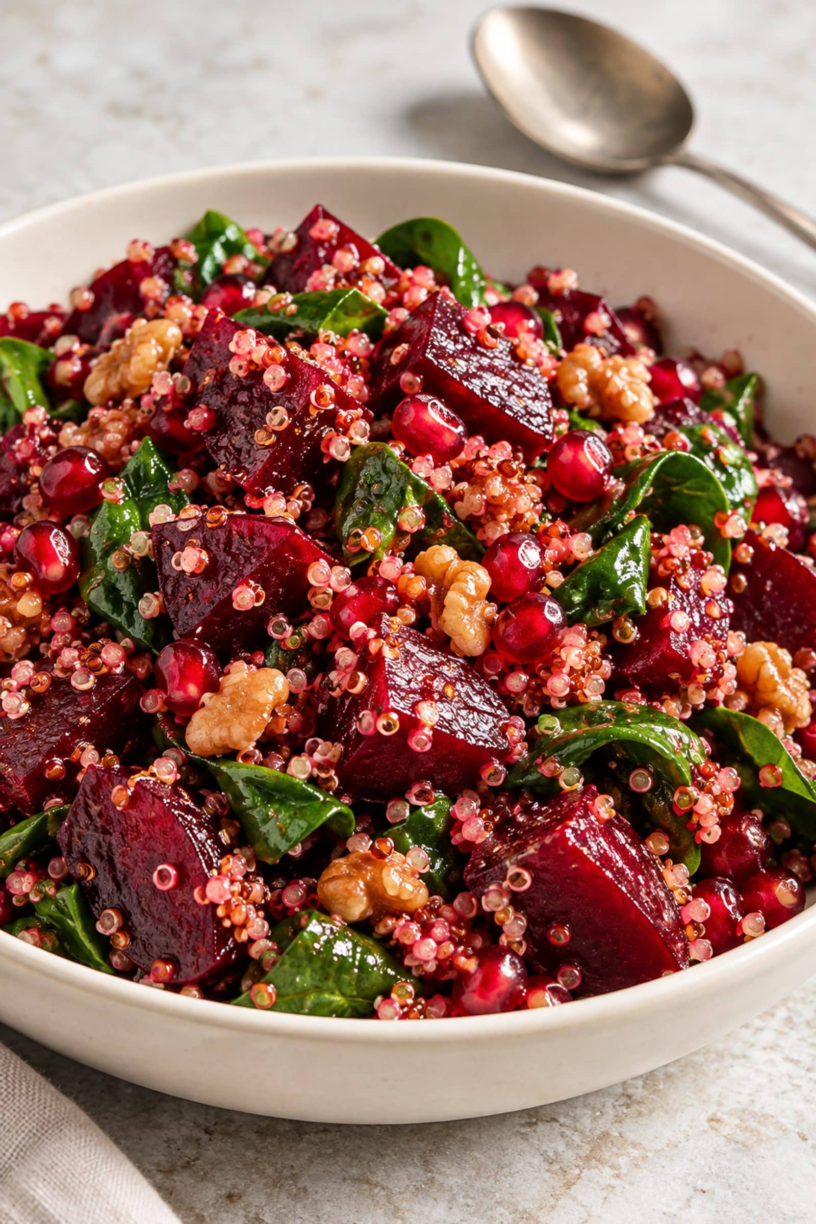 wholesome beet salad with quinoa and spinach preparation steps
